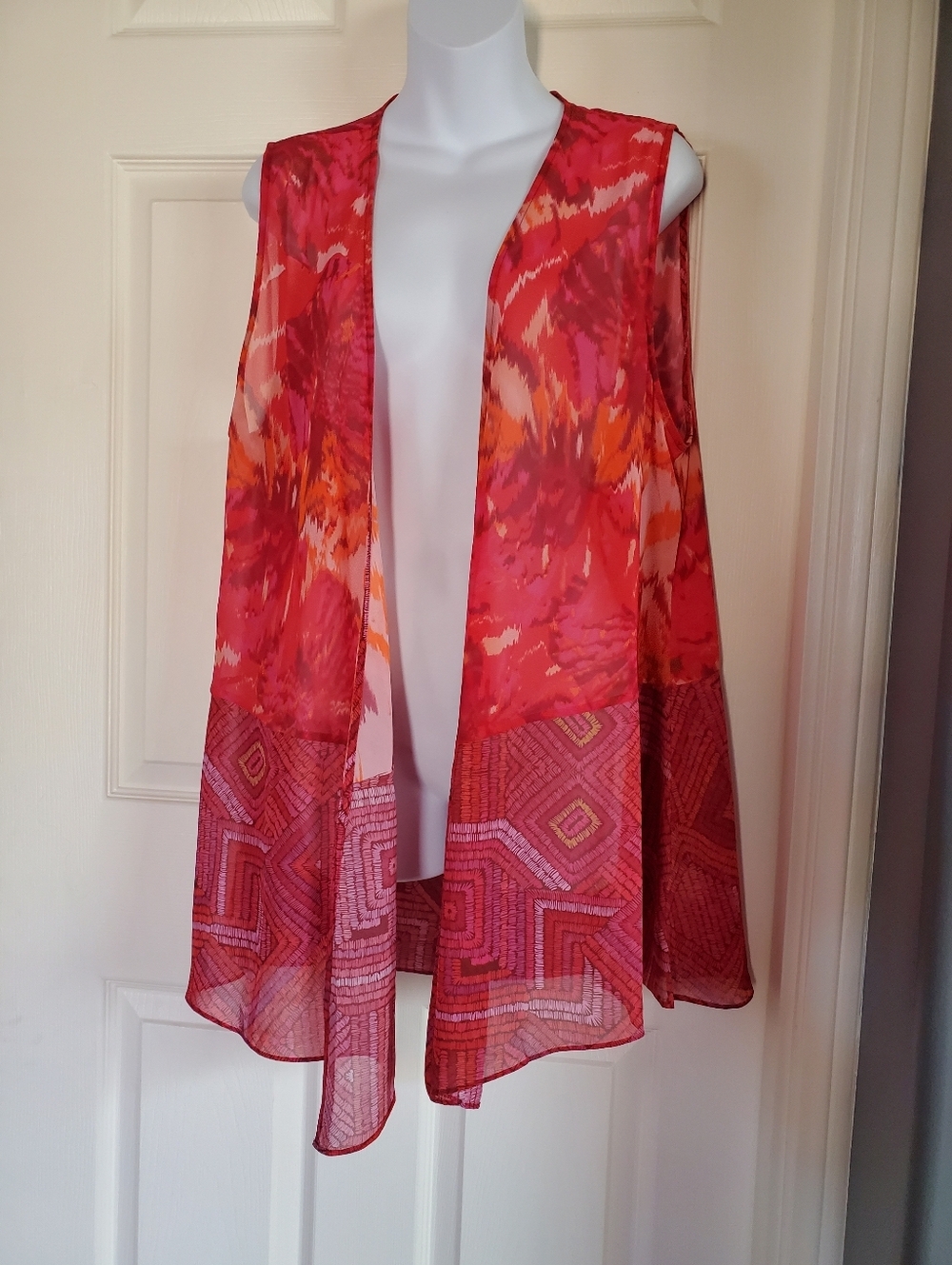 Soft Surroundings Red & Orange Sheer Printed Layering Vest Beachy Summer Coverup